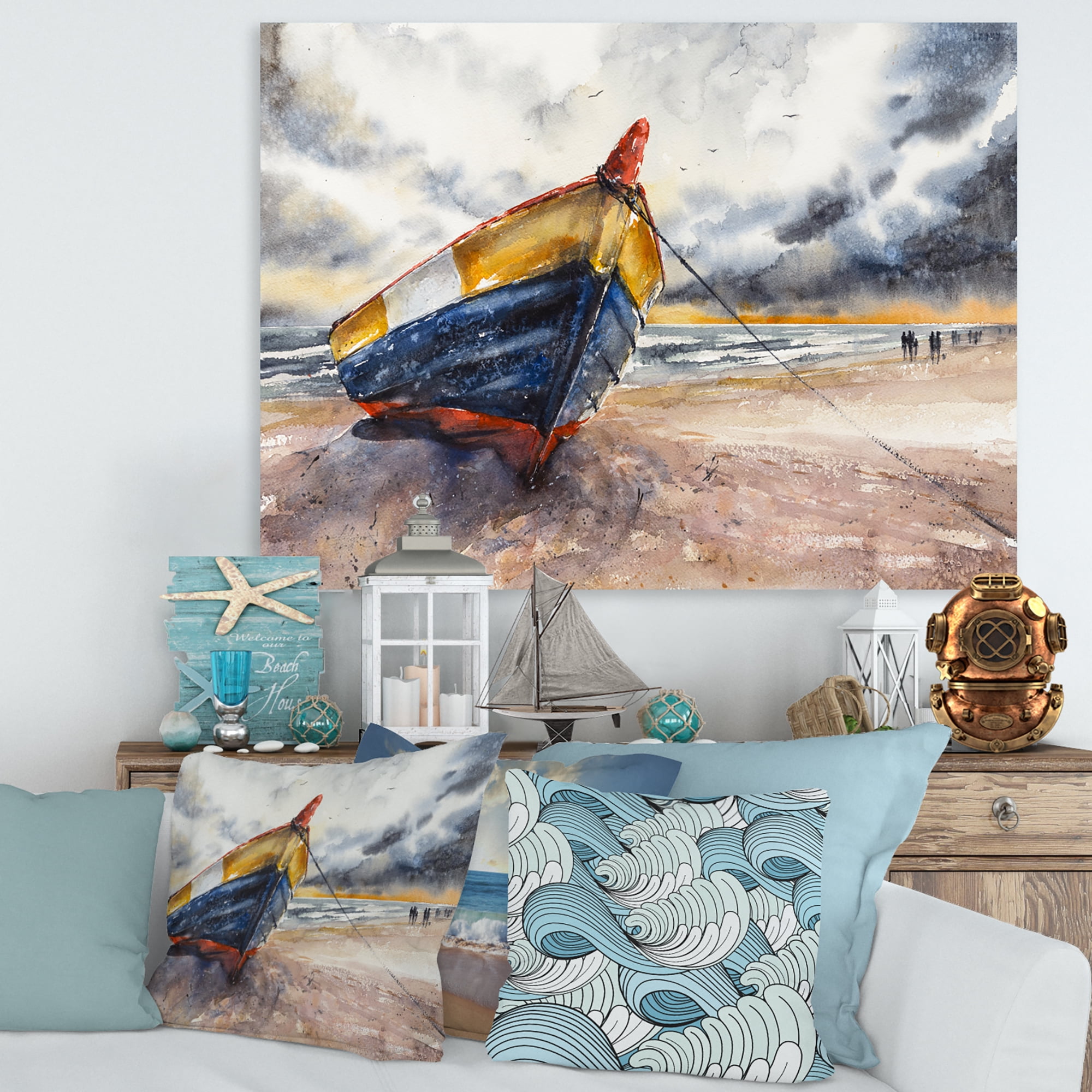 Designart ' Wooden Boat On The Baltic Shores At Evening Glow ' Nautical & Coastal Canvas Wall Art Print