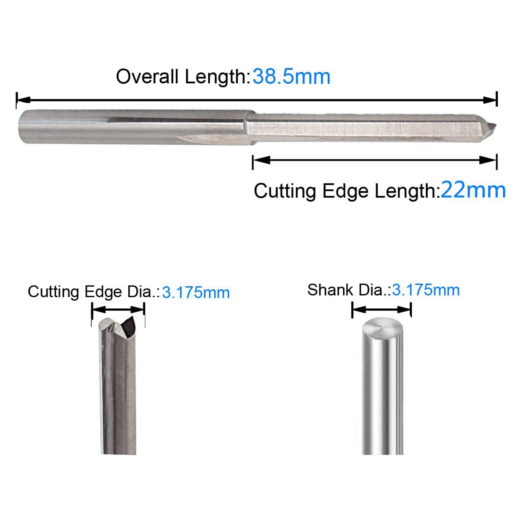 20PCS 3.175mm Dia. Edged Tungsten Steel Milling Cutter 2 CNC Cutting Straight Slot Bit, Flute Length 22mm