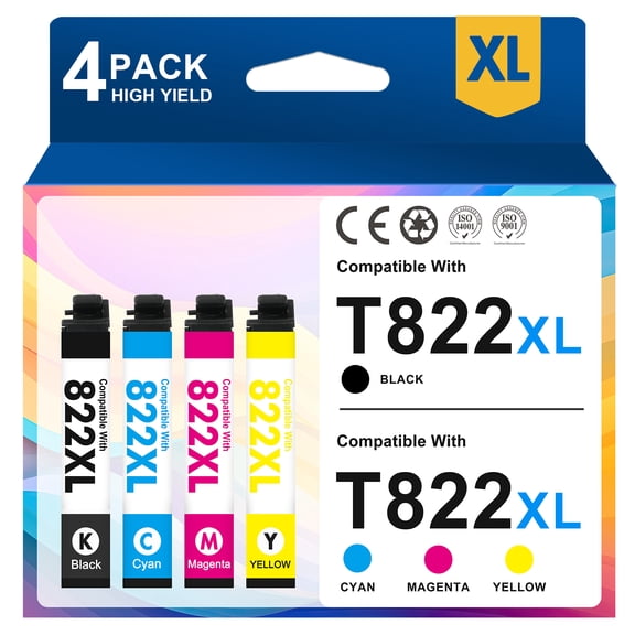 822 Ink Cartridges 4 PACK Compatible for Epson 822 822XL T822XL T822 Ink for WF-3820 WF-4830 WF-4833 WF-4820 WF3820 WF4830 WF4833 WF4820 Printers Ink - 822 XL Black,Cyan,Magenta,Yellow