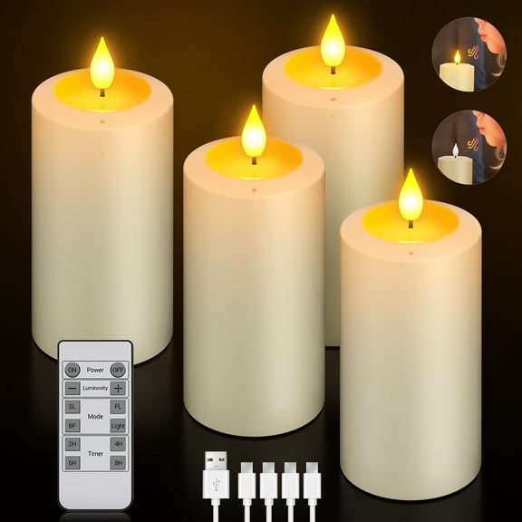 PChero Rechargeable Blow Out Candles with Remote and Timer, LED Flickering Flameless Candles, Battery Operated Pillar Candles for Christmas Halloween Table Wedding Home Decor, Long Lasting, Set of 4