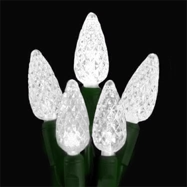 Set of 35 Pure White LED Faceted C6 Christmas Lights 4" Spacing - Green Wire