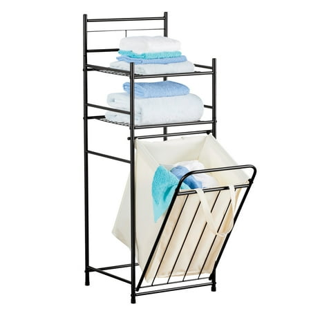 Bathroom Tower With Hamper Laundry and Bathroom Organizer with Shelves and Removable Hamper, Portal Metal Black Frame ()