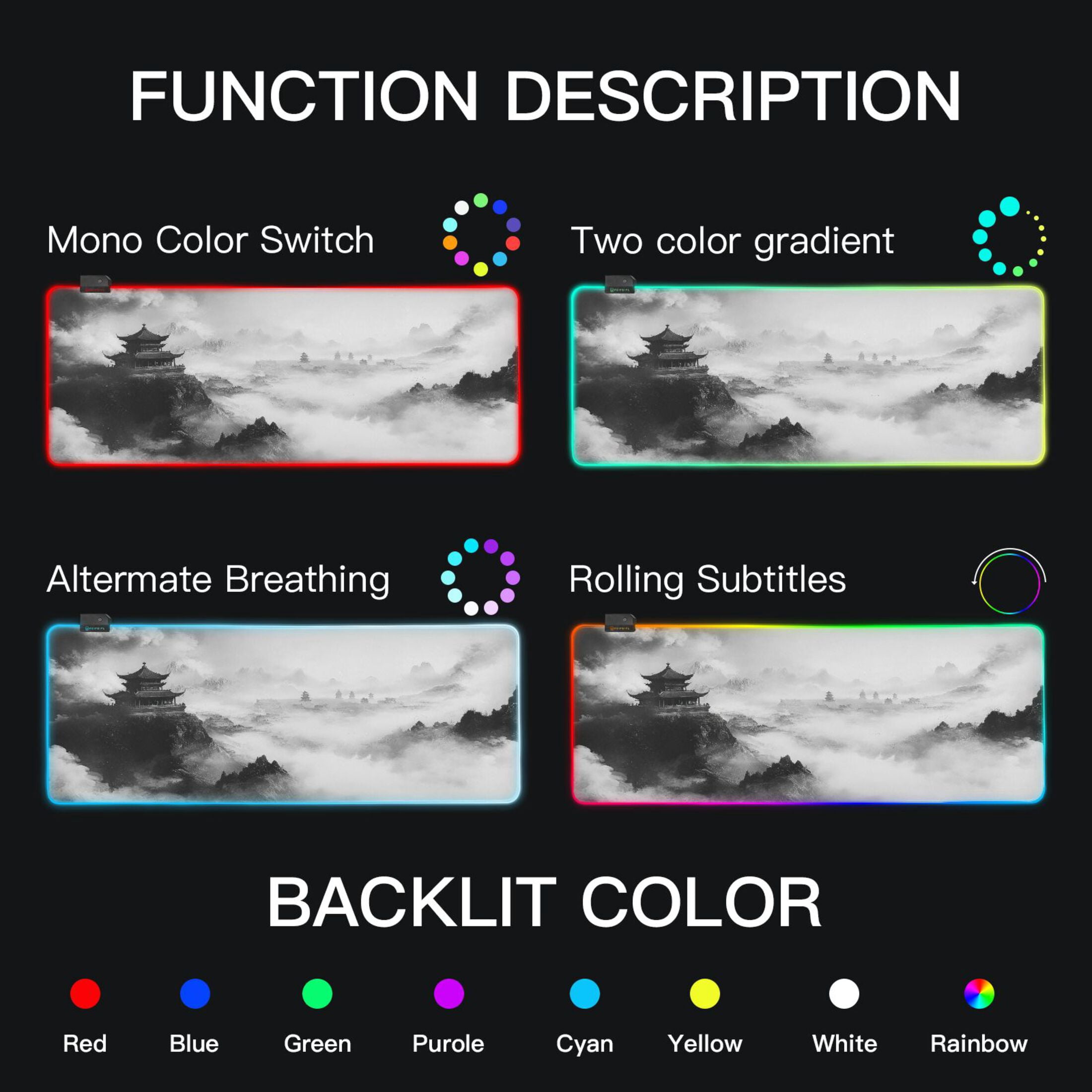 Large RGB Gaming Mouse Pad Led Glowing Mousepad Non-Slip Rubber Base 13 Light Modes 35.4x15.7 Traditional Chinese Ink Landscape