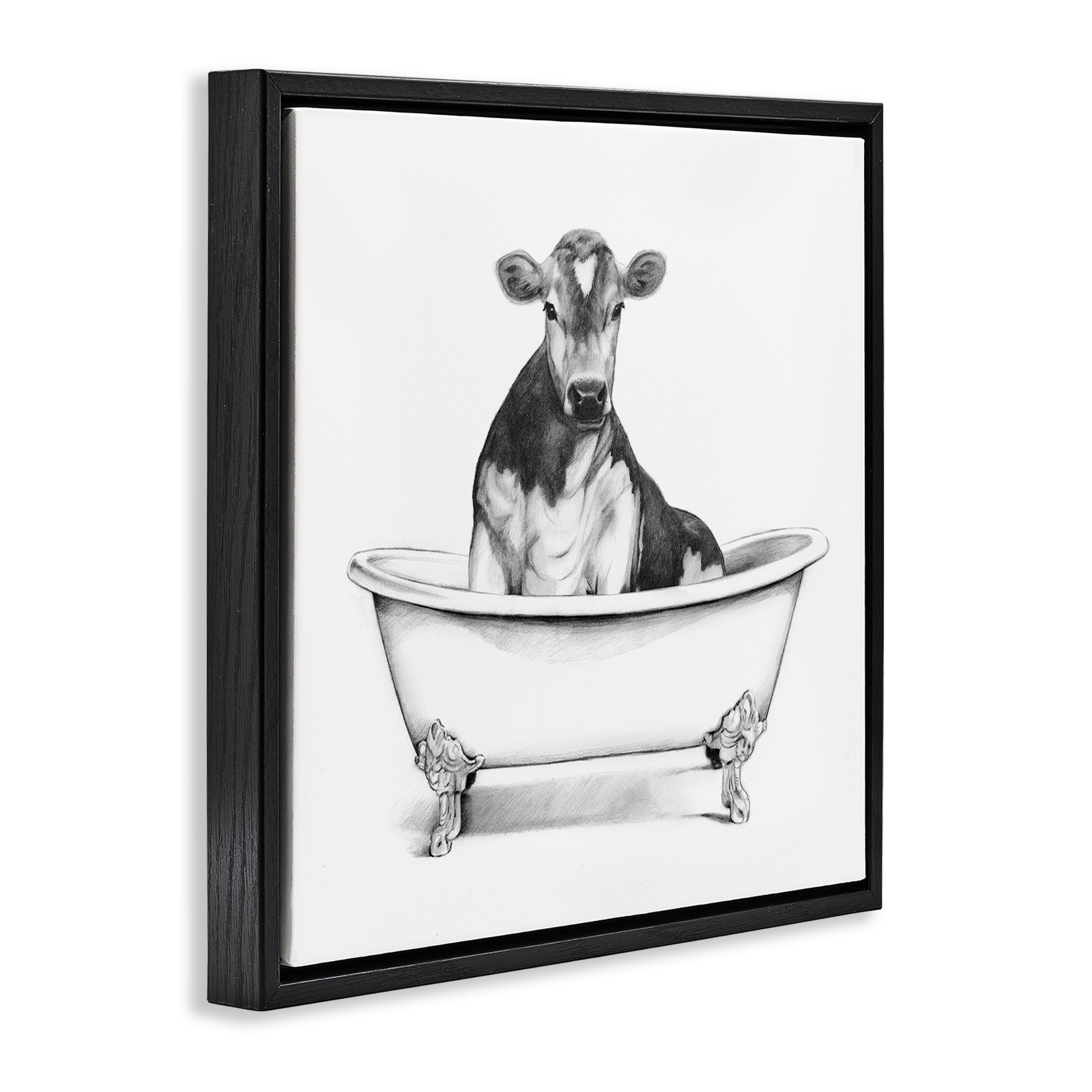 Cow in Bathtub Sketch Black Floating Frame Canvas Art, 25 x 25