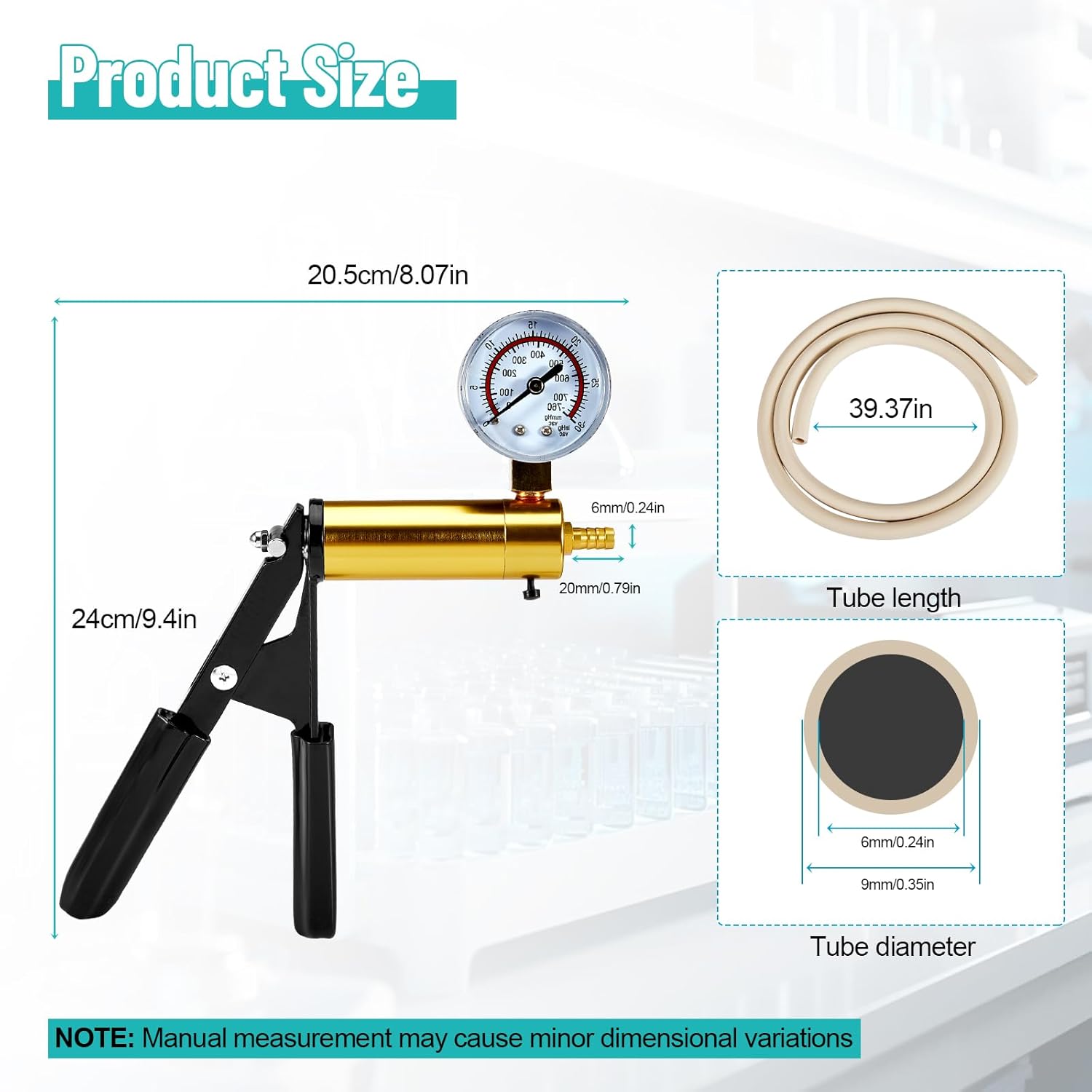 Metal Hand Vacuum Pump with Gauge, 1 Meter/39 Inch Tube and Black Rubber Grip, for Laboratory Filtration