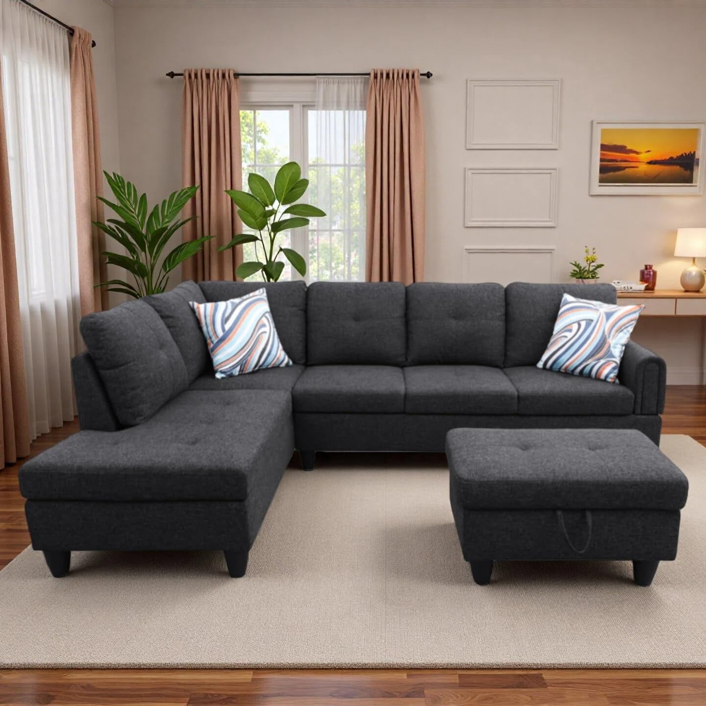 3-Piece L-Shaped Sectional Sofa with Movable Chaise & Storage Ottoman, Linen Living Room Modular Convertible Couches Set for Home Apartment Office, Black Grey