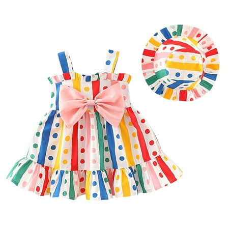 

UHUYA Toddler Casual Summer Dresses Kids Baby Girls Backless Princess Birthday Party Dresses Cute Sleeveless Sweet Polka Dot Print Ruffle Dress Bow Sundress with Hat Set Multicolor 12-18 Months