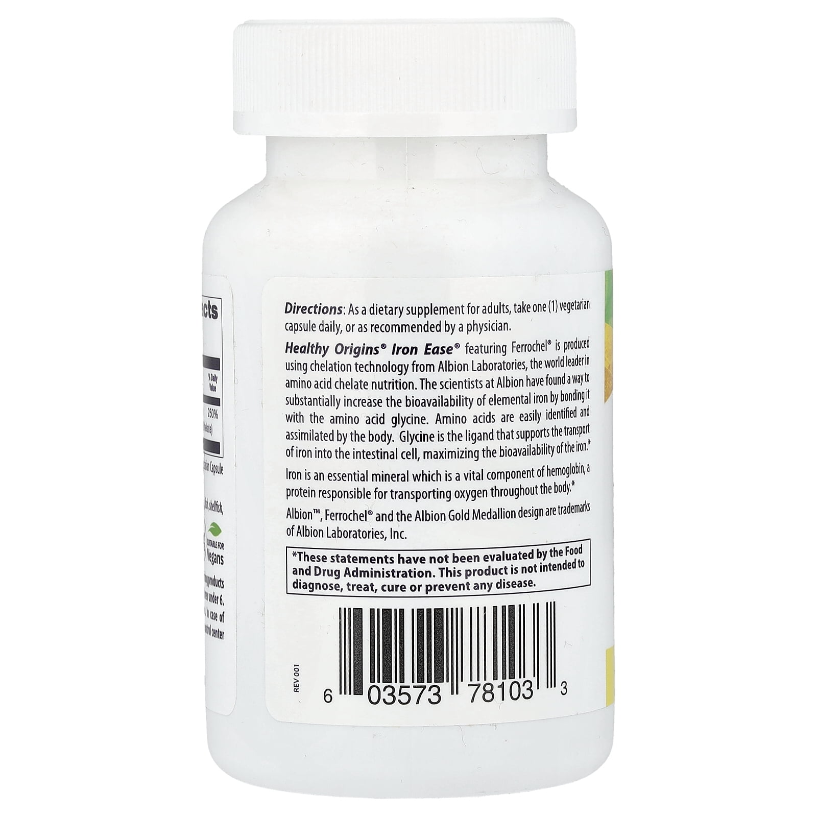 Healthy Origins Iron Ease 45 mg (Featuring Albion Ferrochel, Non-GMO, High Potency, Ferrous Bisglycinate Chelate), 180 Veggie Caps