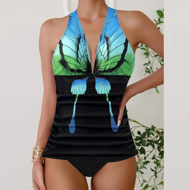Trajes de baño de una pieza para mujer, traje de baño de bikini conservador de cintura alta con cuello en V y tirantes estampados para mujer, traje de baño para mujer