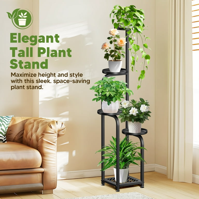 Untimaty 5 Tier Tall Plant Stand for Outdoor Indoor Corner Metal Flower Pot Stands for Multiple Plants Heavy Duty Plant Shelf for Outdoor, Black