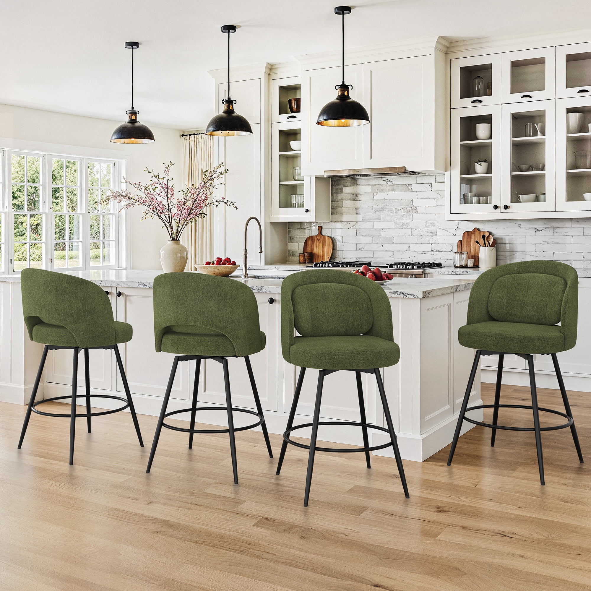 Carolayne 26.5" Swivel Bar Stools Set of 4, Modern Fabric Counter Height Bar stools with Back & Removable Cushion for Kitchen Island, Green