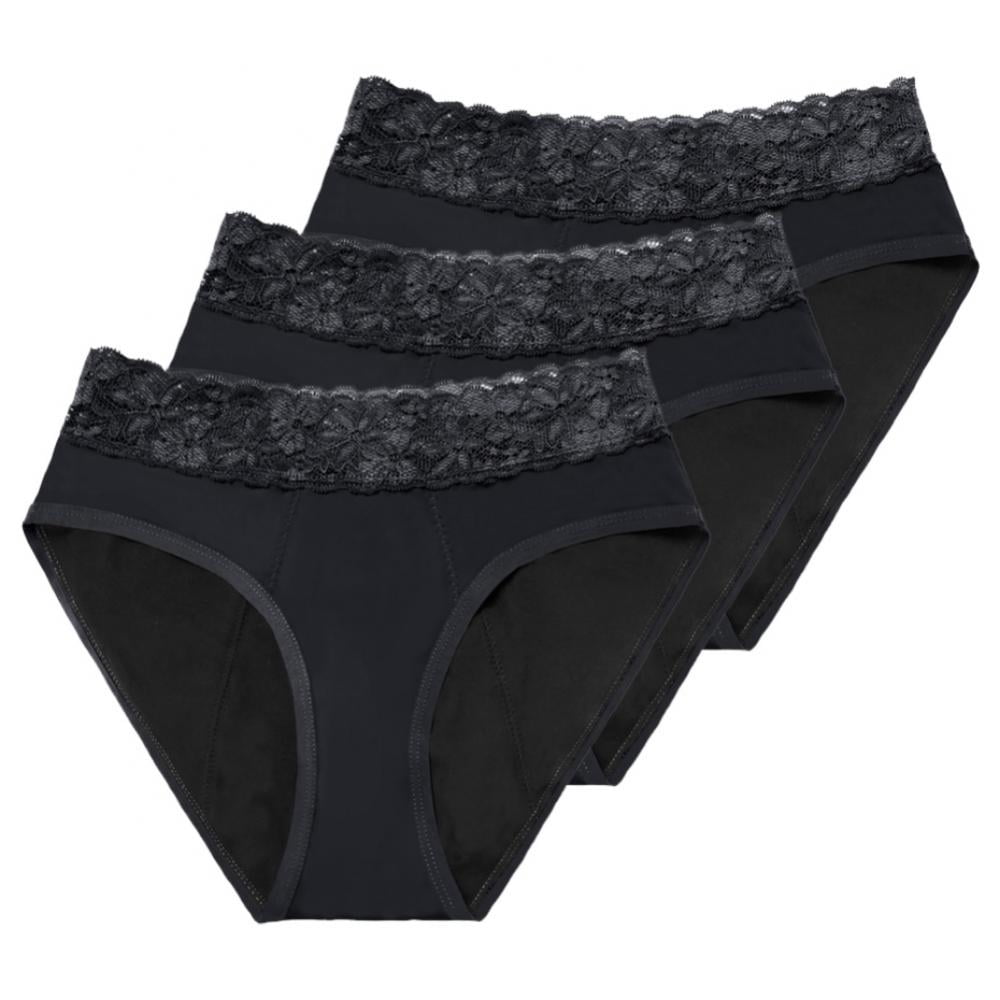 feitycom Period Underwear,Sexy Lace Thong Absorbent Panties,4 Layers  Leakproof Period Thongs for Women., Solid Black-3pack, X-Small : :  Clothing, Shoes & Accessories