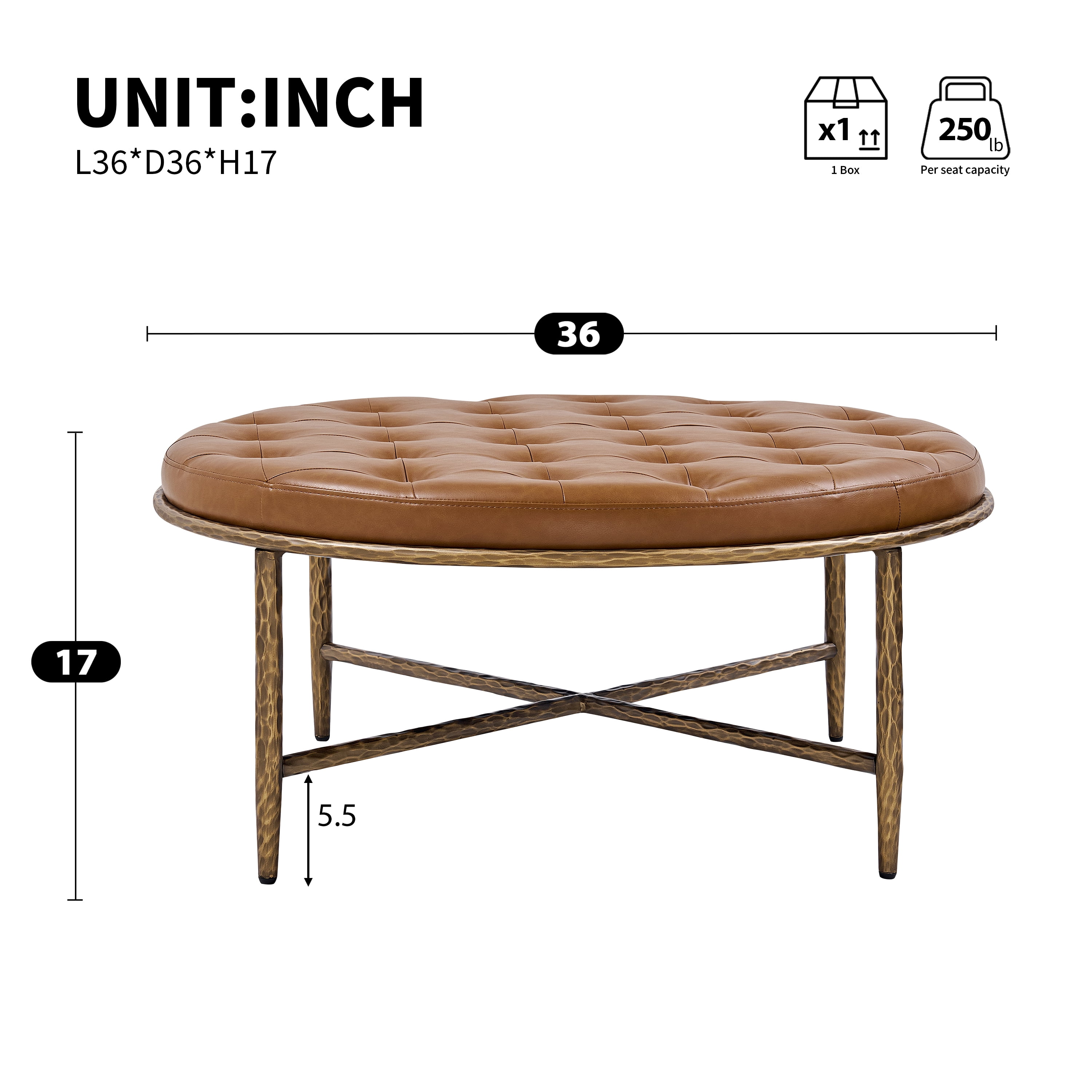 GARITIN Round Tufted Ottoman 36 Inch, Large Upholstered Footstool Coffee Table with Hammered Metal Frame for Living Room, Brown