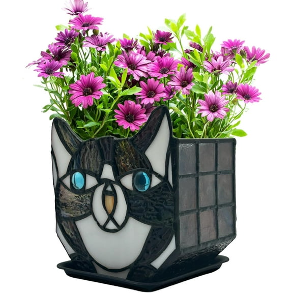 Tiffany Cute Cat Stained Glass Flower Pots,Indoor and Outdoor Plant Displays,Cat Plant Planter,Candle Holder Container Decoration 4.6 x 5.15 x 2.3 inch