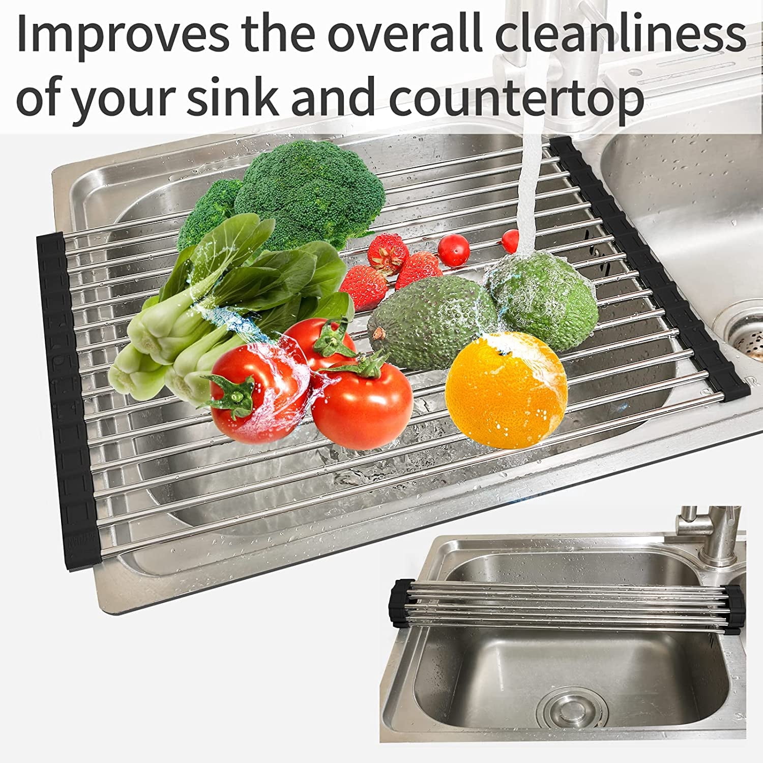Dish Drying Rack Roll Up Dish Racks Multipurpose Foldable Stainless Steel Over Sink Kitchen Drainer Rack for Cups Fruits Vegetables Black 20.47in X 15.35in