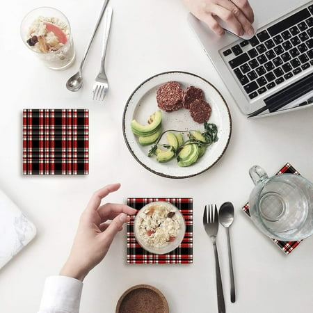 

ZHANZZK Red Black and White Check Plaid Set of 6 Coaster for Drinks Absorbent Ceramic Stone Coasters Cup Mat with Cork Base for Home Kitchen Room Coffee Table Bar Decor