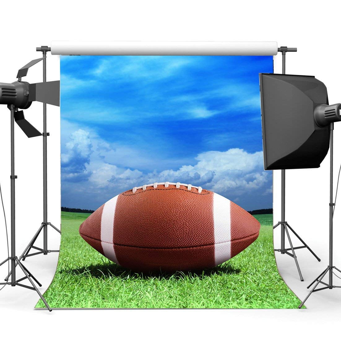 5X7FT Vinyl Photography Backdrop Football Field American Soccer Green Grass Stage Sports Theme Blue Sky White Cloud Background Kids Children Boys Adults Photo Studio Props