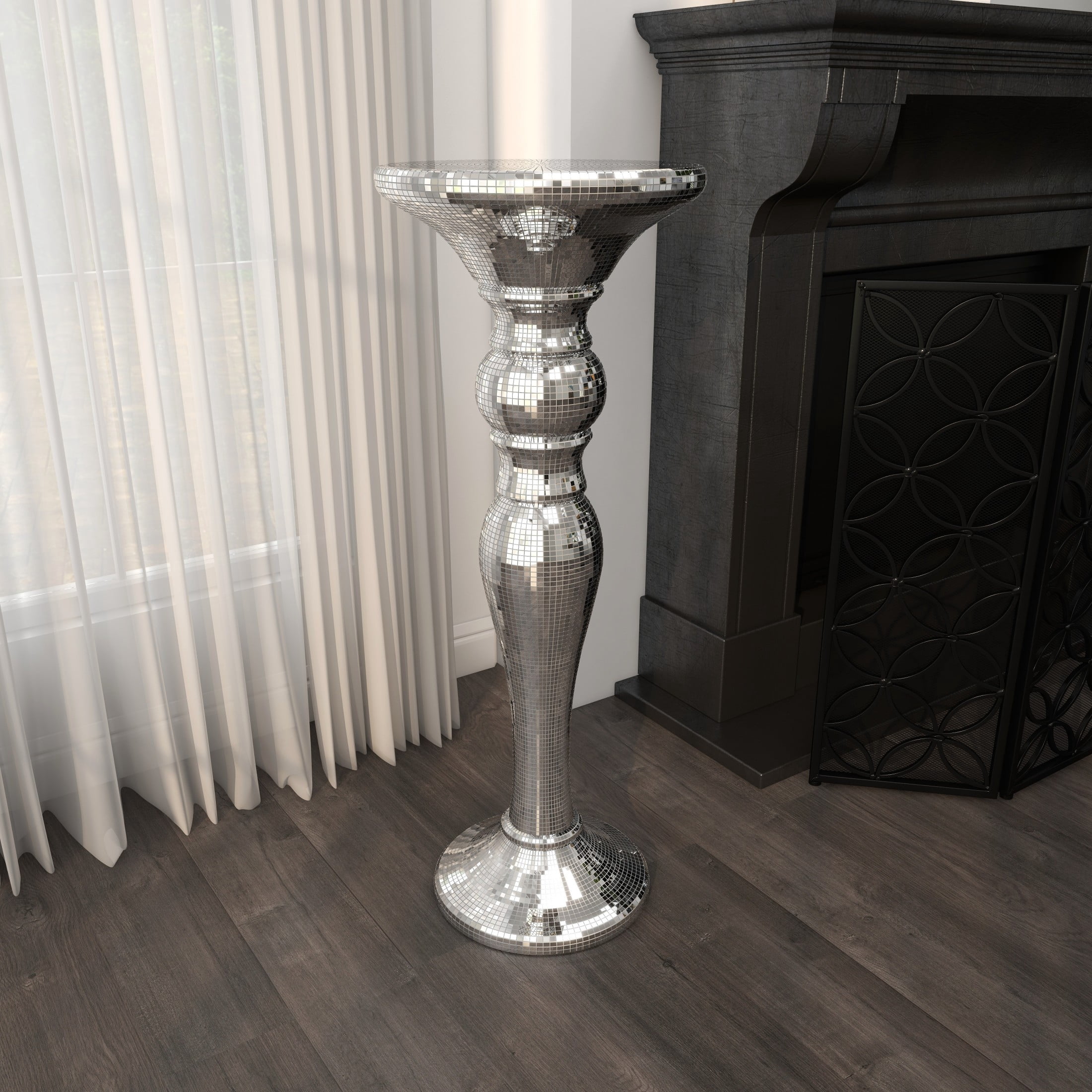 DecMode 14" x 36" Silver Glass Mosaic Mirrored Turned Floor Pedestal Table, 1-Piece