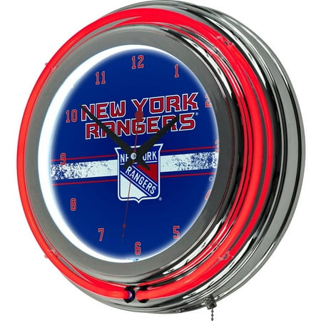 New York Rangers Team Clock - NHL Chrome Double Rung Neon Clock, New York Rangers
