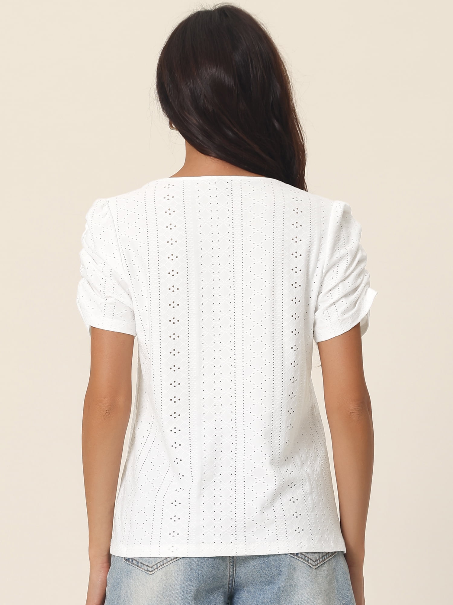 Unique Bargains Women's Ruched Short Sleeve Eyelet Dressy Crewneck Blouses T Shirts L White