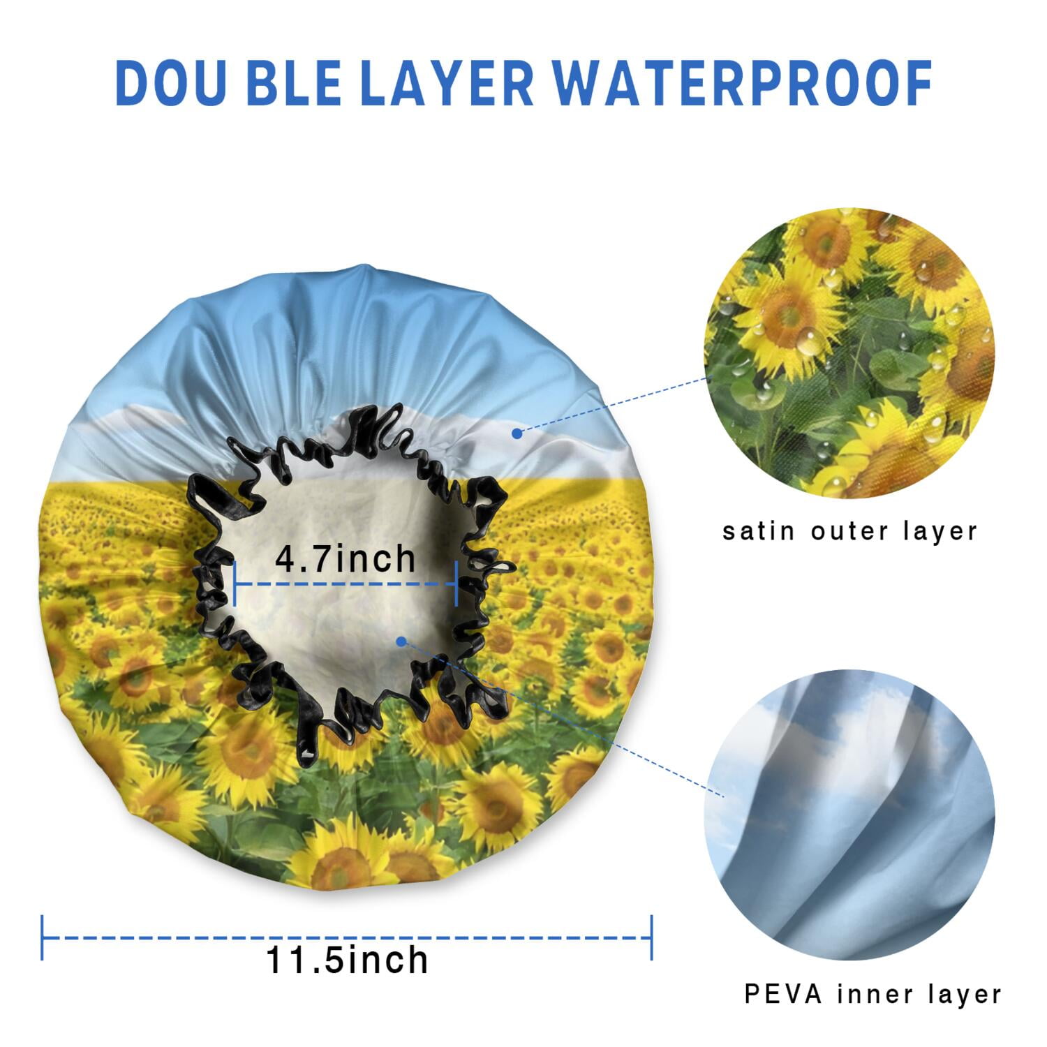 Shower Caps,Blue Sky Sunflower Field Pattern Waterproof Shower Cap for Women 4 Pieces,Double Reusable Hair Cover for Shower PEVA Elastic Stretch Hem
