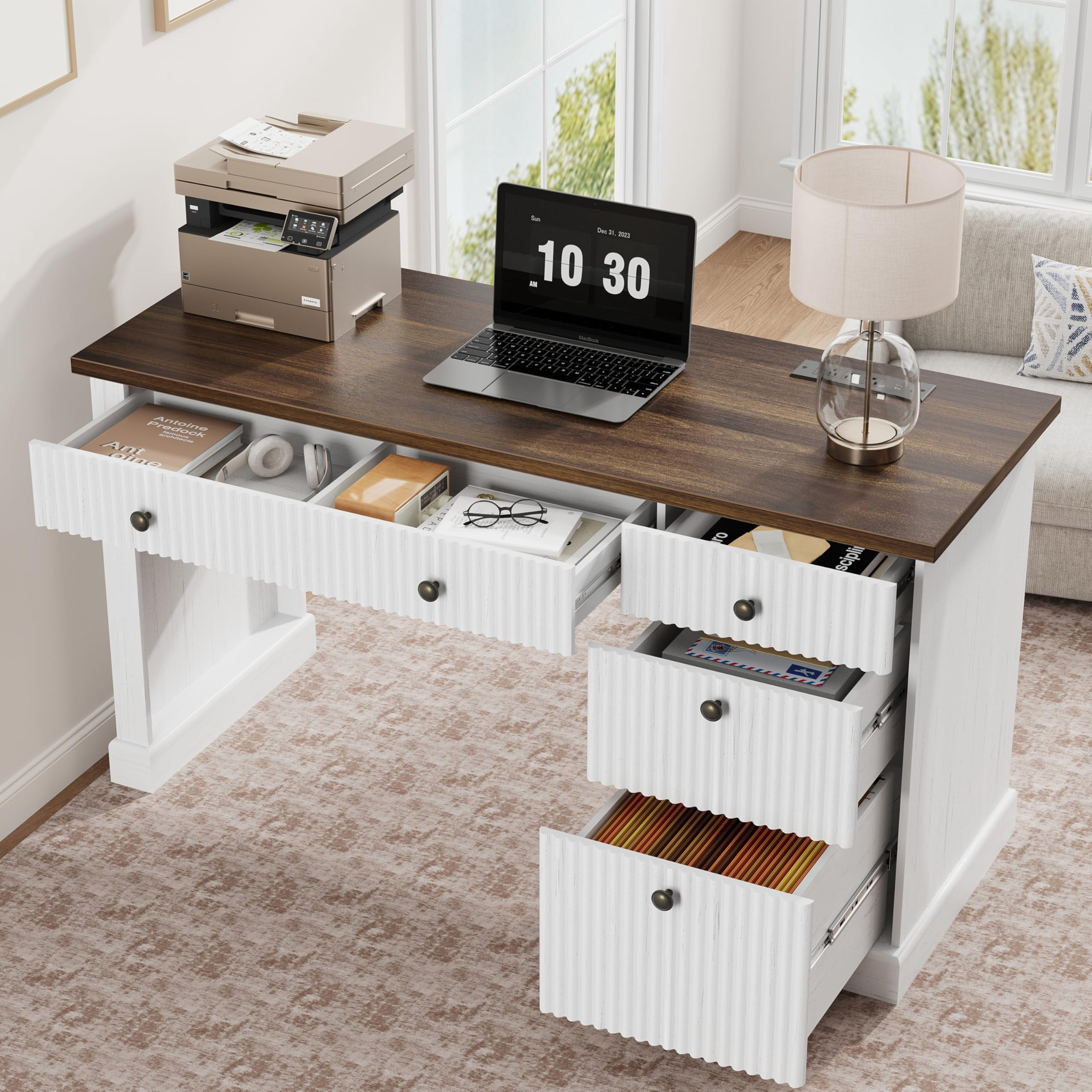 Computer Desk 54 Inch – Home Office Desk with File Drawers, Storage Cabinet & Charging Station, Modern Fluted Executive Writing Table for Small Spaces