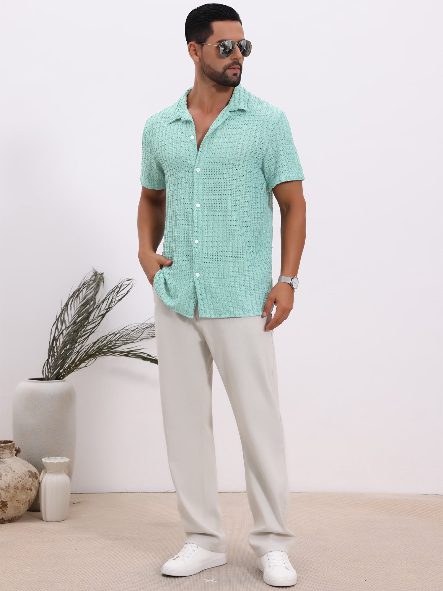 DARING DIVA Men's Casual Knitted Hollow Out Short Sleeve Shirt S Light Blue