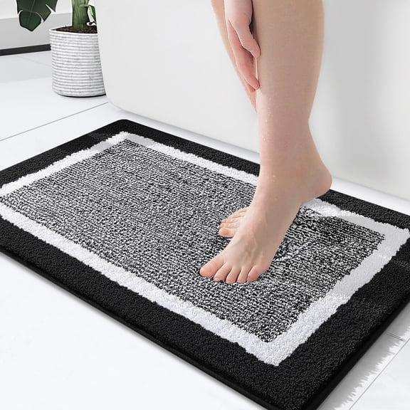 Bathroom Rugs 24x16, Extra Soft and Absorbent Microfiber Bath Mat, Non-Slip, Machine Washable, Quick Dry Shaggy Bath Carpet, Suitable for Bathroom Floor, Tub, Shower (Black and White