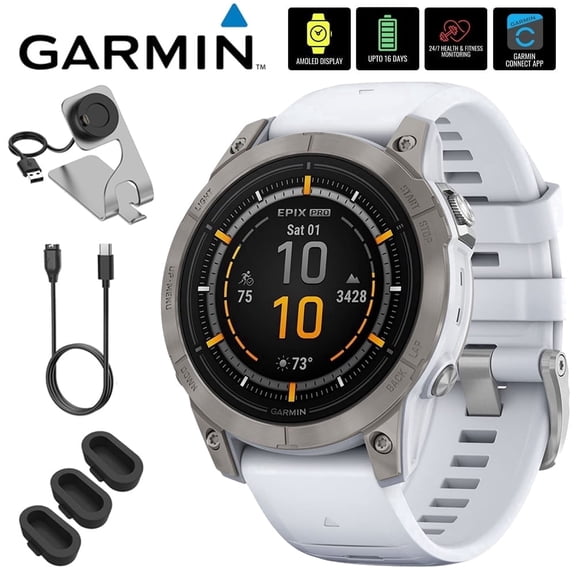 Garmin Epix Pro (Gen 2), 47mm, Sapphire, Titanium, Whitestone 010-02803-20 Bundle with Deco Essentials Charging Dock, 3x Silicone Dust Cover and USB Type C Charging and Sync Cable