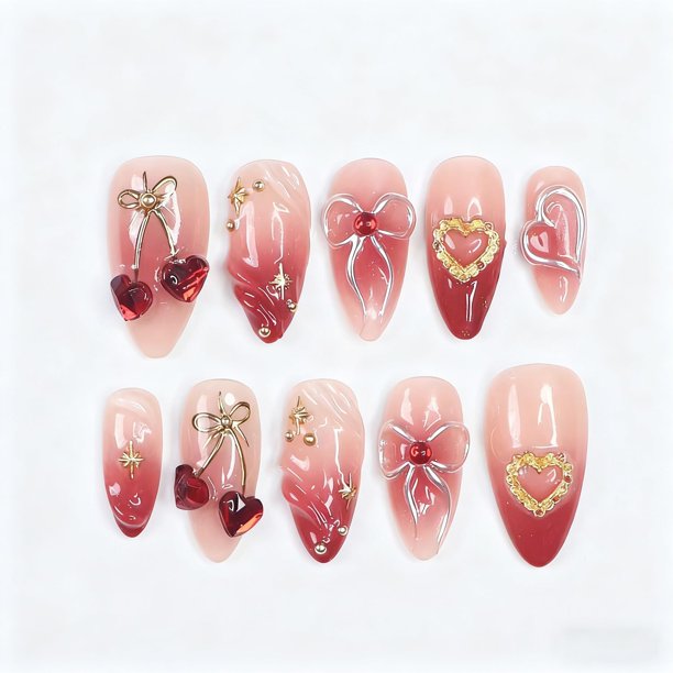 Uñas postizas GUAACCB para San Valentín, almendra, glitter y corazones