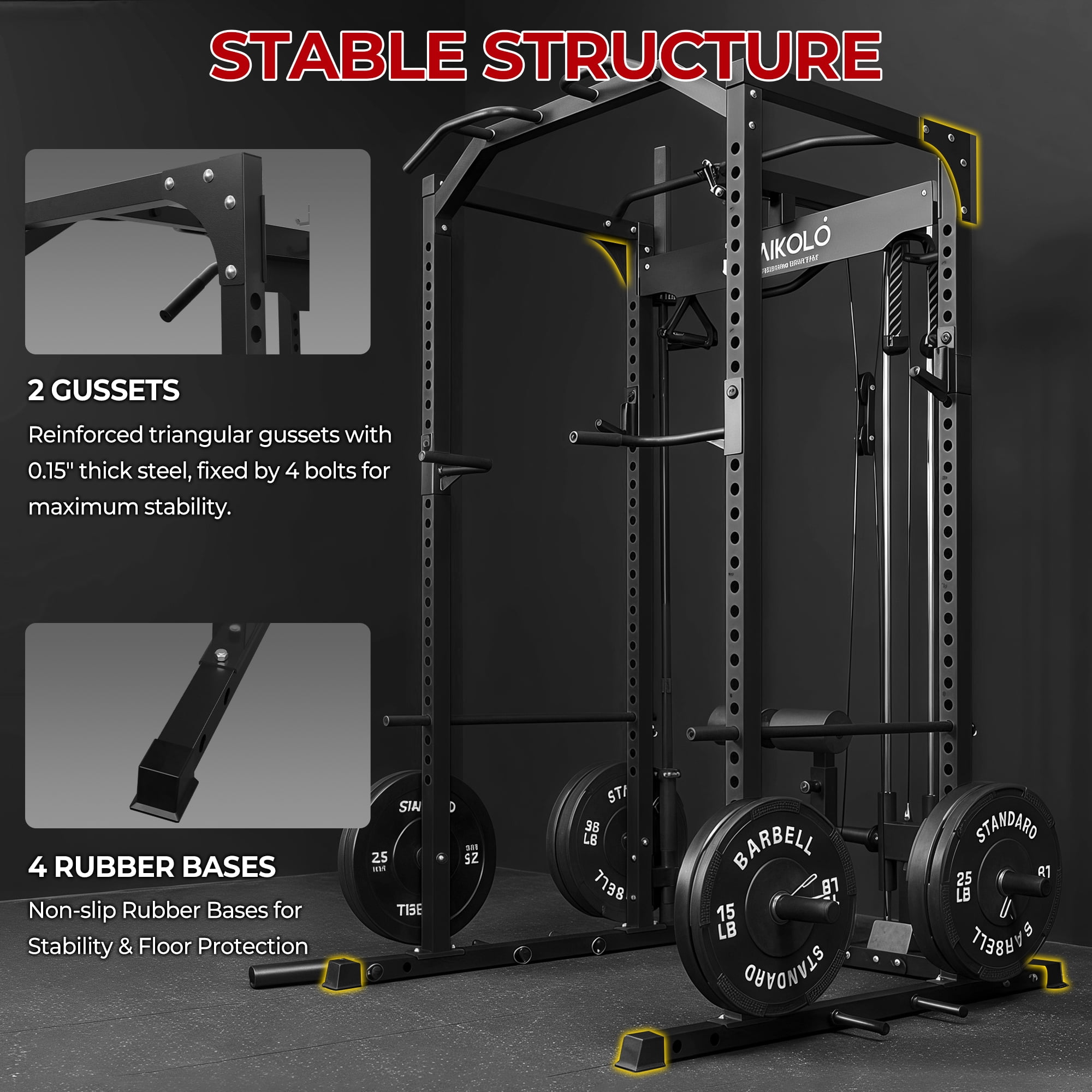 Mikolo Power Rack Cage, 1200LBS Weight Cage Home Gym with 800LB Capacity Adjustable Weight Bench, 1500LB Capacity Barbell and 230LB Black Plate Set