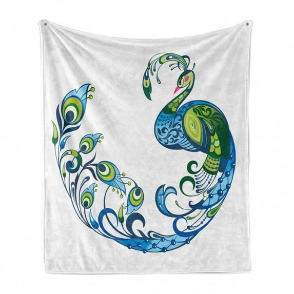 Peacock Soft Flannel Fleece Throw Blanket, Peacock Colorful Fashion Curvy Pattern Tropical Summer Blossom Flourish, Cozy Plush for Indoor and Outdoor Use, 70" x 90", Blue Green Pink, by Ambesonne