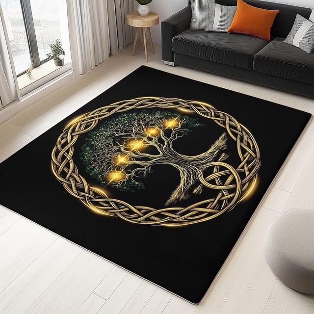 Washable Area Rug 5x7 ft Abstract Black Gold Tree of Life Living Room Rugs, Soft Low Pile Rug, No-Slip Floor Carpet, for Bedroom Dining Room Farmhouse Home Office 3D Print Rug