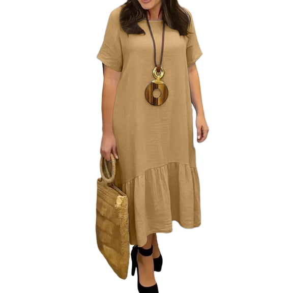 CIENVNSTG Long Dresses for Women Fashion Summer Short Sleeve Ruffled Sundress 2025 O-Neck Casual Solid Color Knee-Length Midi Dresses Earthy Yellow S