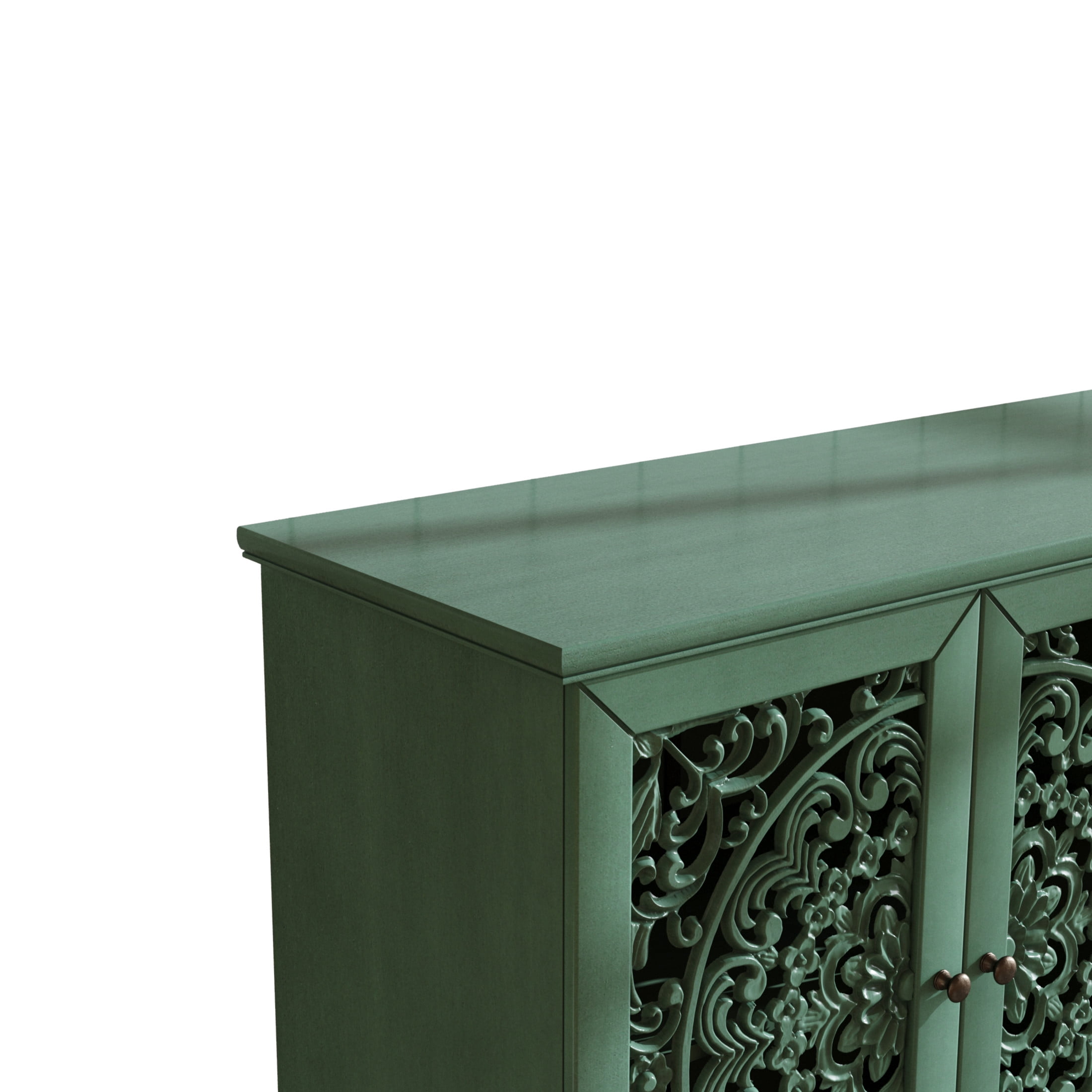 Noble House Sideboard Buffet Cabinet with Floral Carvings, Adjustable Shelves, Solid Wood Legs, and Brass Handles, Vintage Style Storage, Antique Green