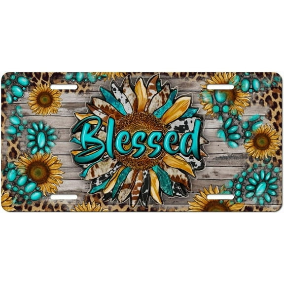 Blessed Sunflower License Plate for Women – Turquoise Teal Leopard Rustic Floral Car Tag – Cute Western Cowgirl Aesthetic Decorative Front Plate for Truck SUV
