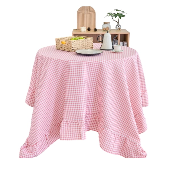 Mantel estilo rústico con estampado a cuadros y bordes con volantes, redondo, de tela de lino y algodón suave.