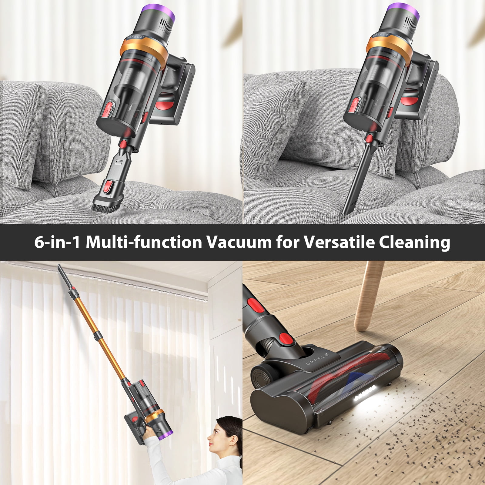 ORFELD Cordless Vacuum Cleaner with 2600mAh Detachable Battery, 45Kpa Powerful Stick Vacuum for Hard Floor Carpet Pet Gold, SV30