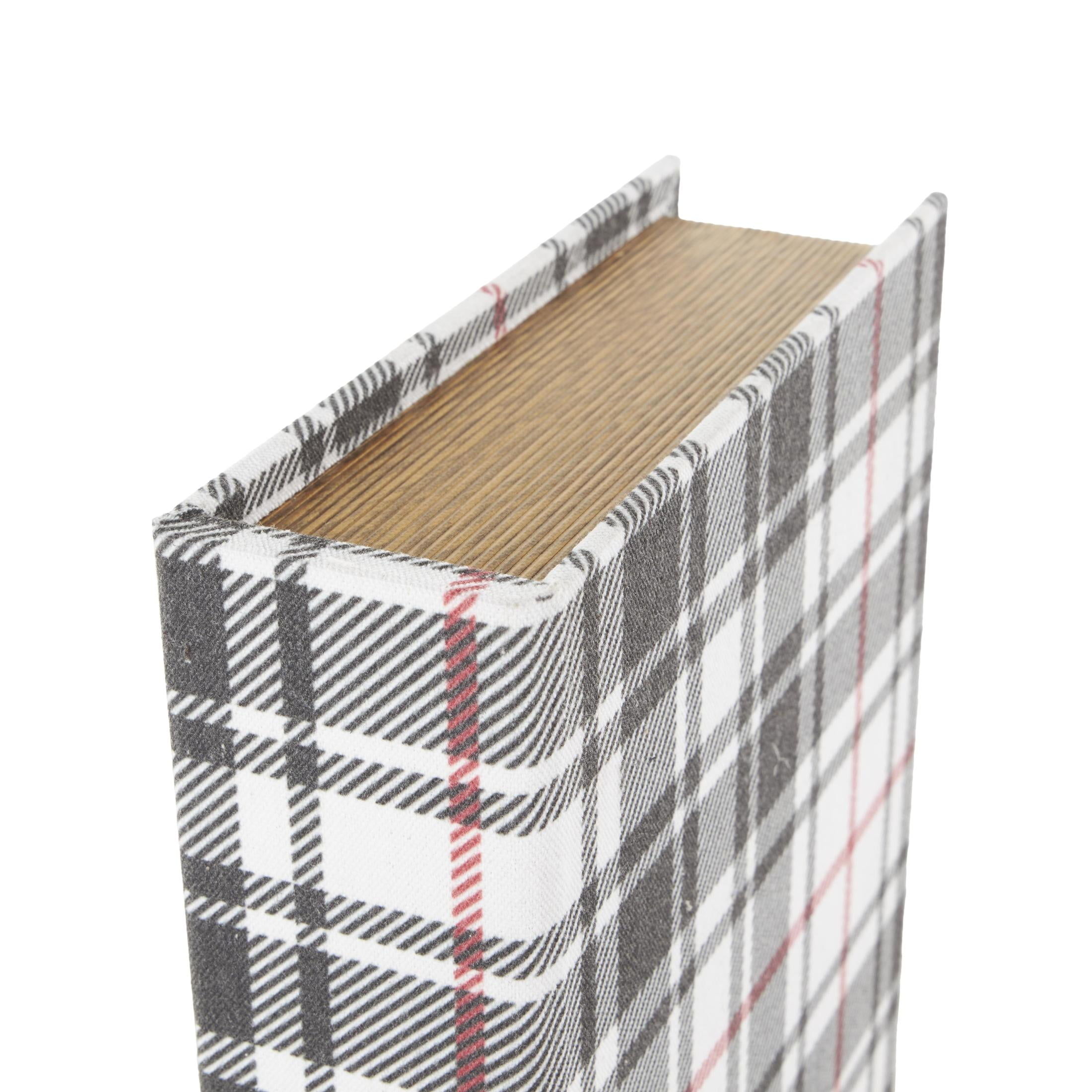 DecMode Geometric Plaid Faux Book Storage Multi Colored Canvas Decorative Box with Red and Purple Accents, 3 Count
