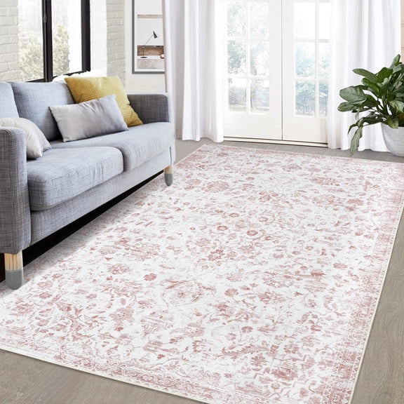 Garvee 9'x12' Floral Area Rug Vintage Print Carpet, Washable Rug Oriental Accent Indoor Rug with Non Slip Backing for Living Room Bedroom Office, Pink