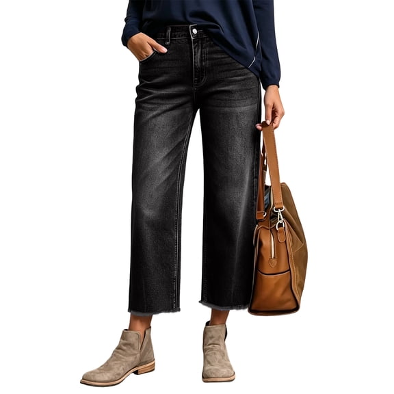 WULMLEO Cropped Jeans for Women Summer Frayed Hem Straight Ankle Jeans Stretchy High Waisted Baggy Boyfriend Denim Capris Black L