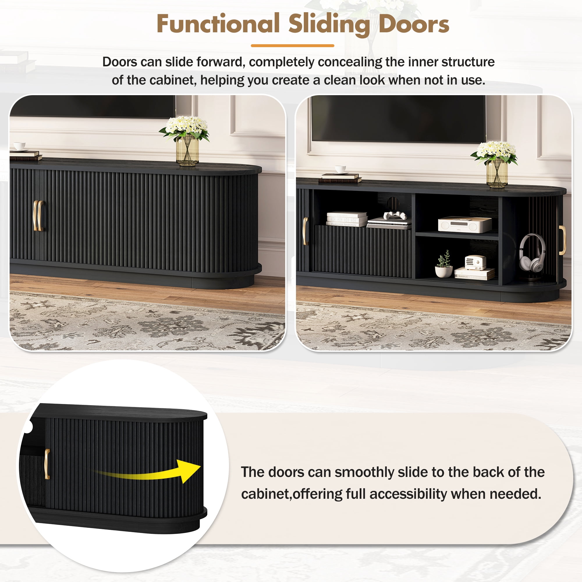 Aukfa Fluted TV Stand for TVs up to 75", Wood Entertainment Center with Sliding Doors for Living Room,Black