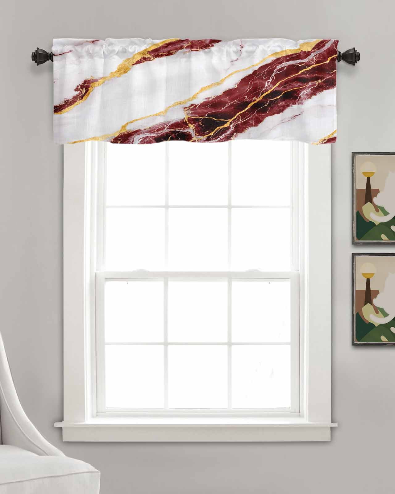 Marble Red Kitchen Valances for Windows Farmhouse Linen Window Valance Curtain for Living Room Window Treatment Gold Foil Ceramic Style Cracks Scratches Valance Rod Pocket Topper Drape, 54 x 18 Inch