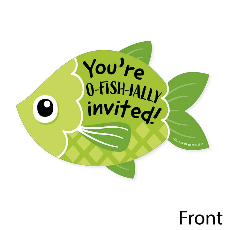 Let's Go Fishing - Shaped Fill-in Invitations - Fish Themed Birthday Party or Baby Shower Invitation Cards with Envelopes - Set of 12