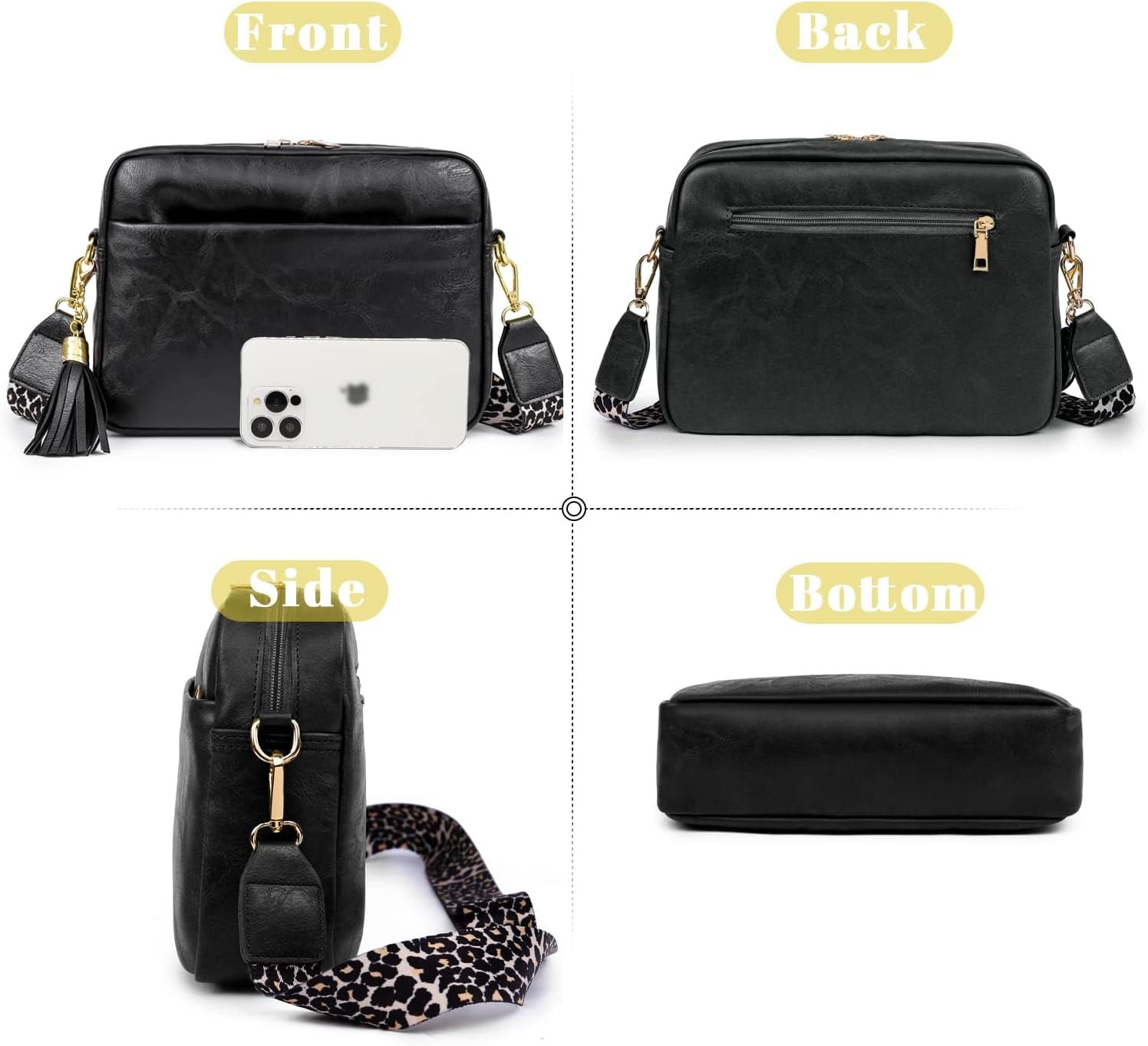 Crossbody Bag for Women Vegan Leather Shoulder Purse with Leopard Adjustable Strap Midsize Zipped Handbag