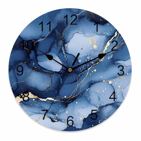 Wall Clock 10 Inch Navy Blue and Gold Marble Texture Round Silent Decorative Wall Clocks Battery Operated for Living Room Bedroom Kitchen Classroom Decor, Abstract Lines,Small