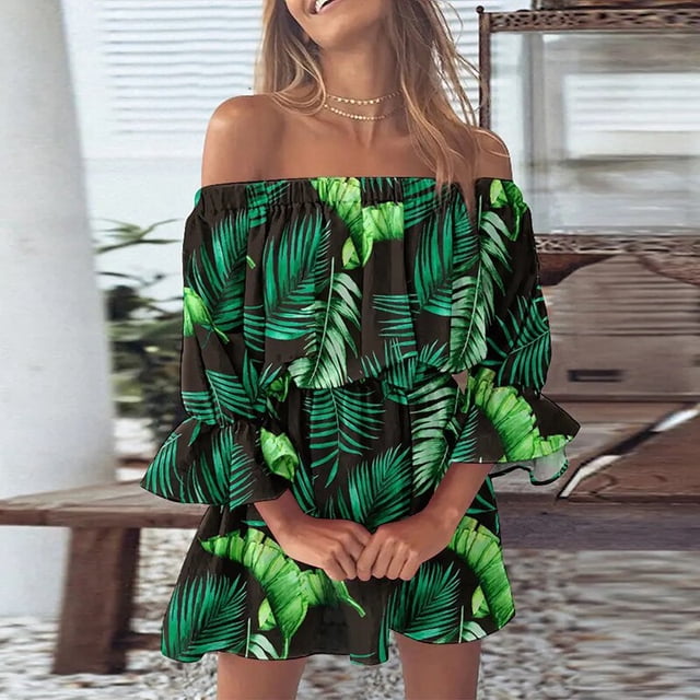 Summer Casual Boho Dresses Women's Flora Printed Batwing Sleeve Lace-Up Dress Female Irregular Sexy Beach Mini Dresses VestidosL Gao Jinjia LED
