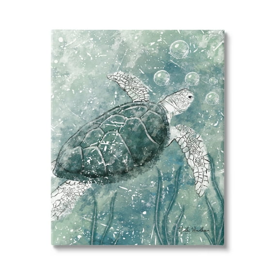 Stupell Industries Green Turtle & Bubbles Animals & Insects Painting Gallery Wrapped Canvas Print Wall Art, 16 x 20