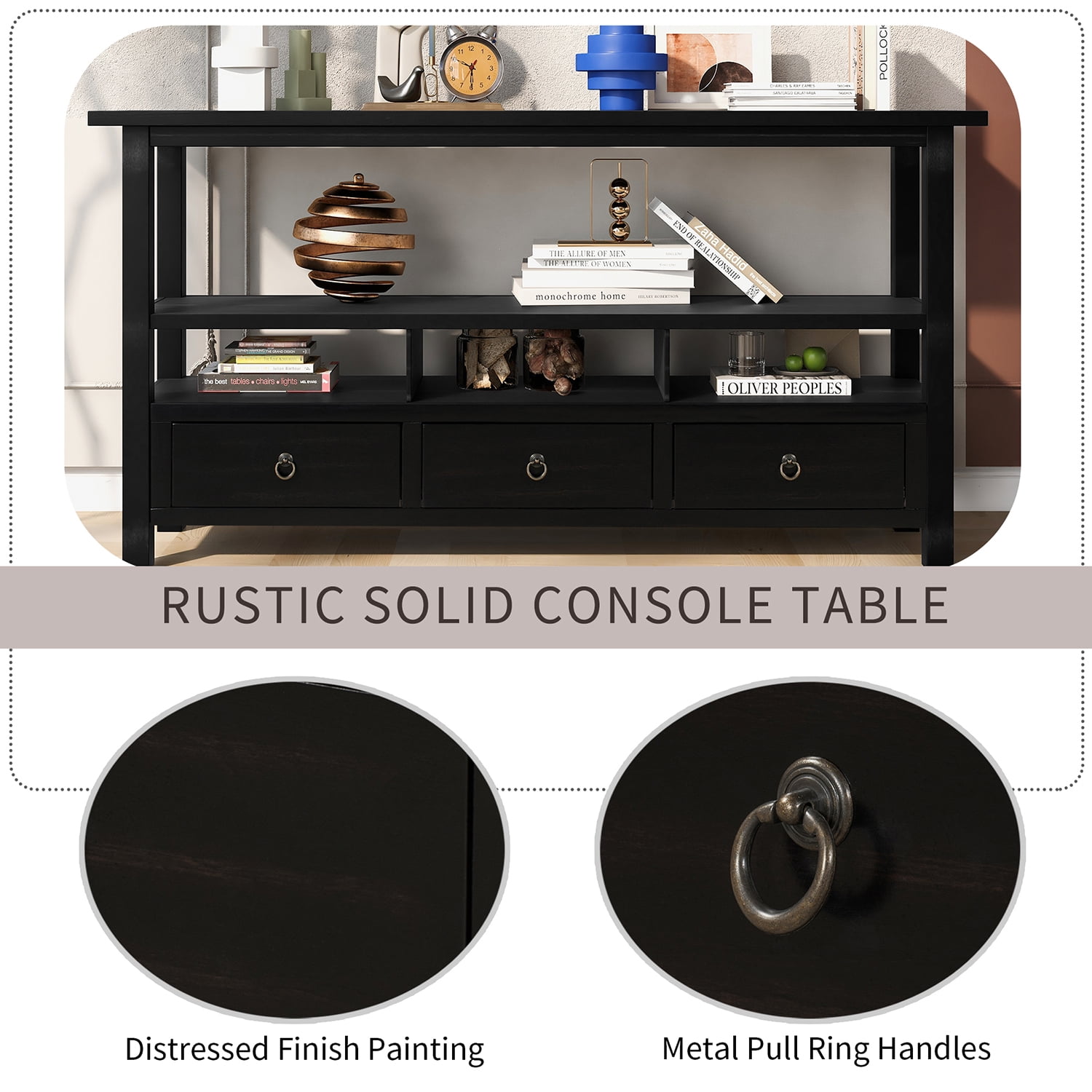 Kadyn Solid Wood Console Table, Sofa Console Table with Three Drawers and Double-Storey Tabletop, Classic Accent Table for Living Room, Distressed Black Kadyn Solid Wood Console Table, Sofa Console Table with Three Drawers and Double-Storey Tabletop, Classic Accent Table for Living Room, Distressed Black
