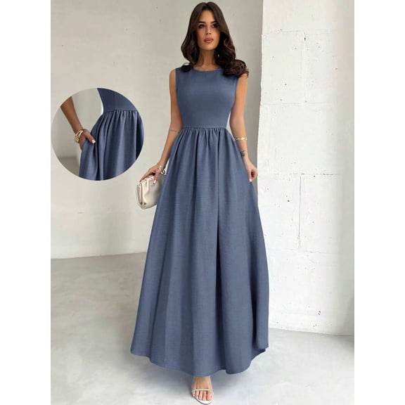 Dusty Blue Womens Sleeveless A-Line Maxi Dress, Fitted Waist, Elegant Formal Gown For Events